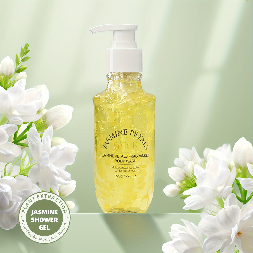 Jasmine Petal Scented Shower Gel, Maintains Skin Elasticity, Deeply Moisturizing with Shea Butter, Contains Real Jasmine Petals, Delightful Floral Aroma, Abundant in Natural Plant Extracts, Offering an Unmatched Refreshing Experience
