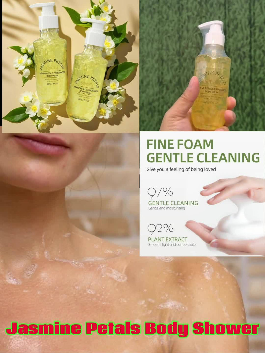 Jasmine Petal Scented Shower Gel, Maintains Skin Elasticity, Deeply Moisturizing with Shea Butter, Contains Real Jasmine Petals, Delightful Floral Aroma, Abundant in Natural Plant Extracts, Offering an Unmatched Refreshing Experience